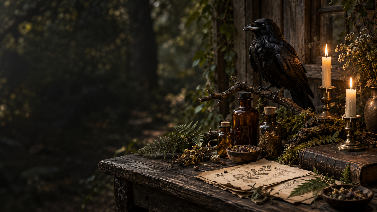 A black crow among woodland herbs, amber bottles, candlelight and aged botanical papers.