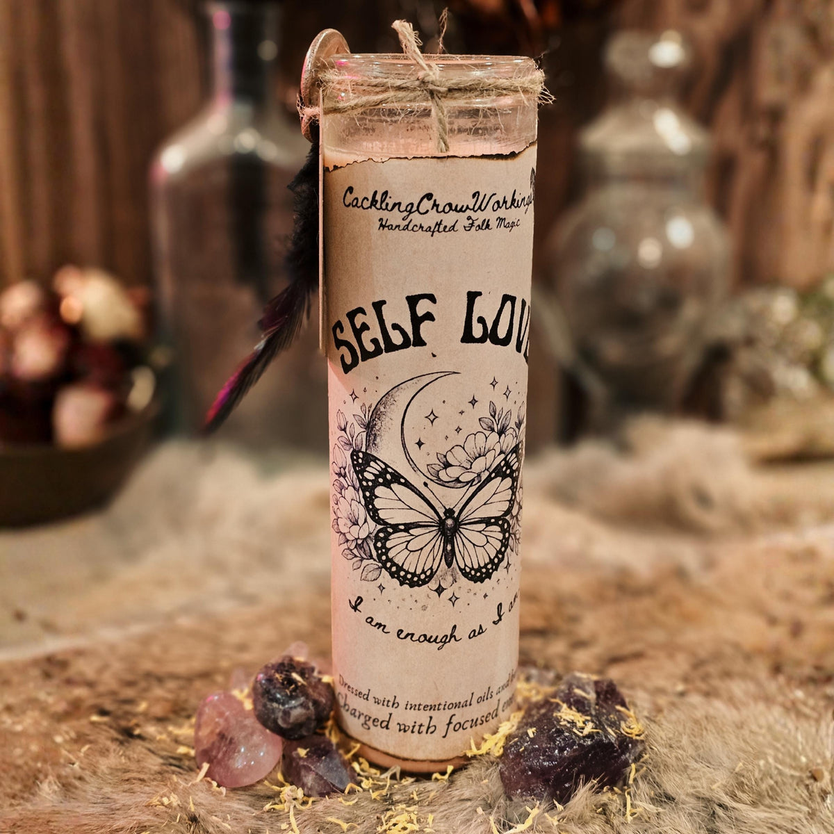 Self Love 7-Day Candle – Unscented with Amethyst & Rose Petals for Compassion, Healing, and Confidence