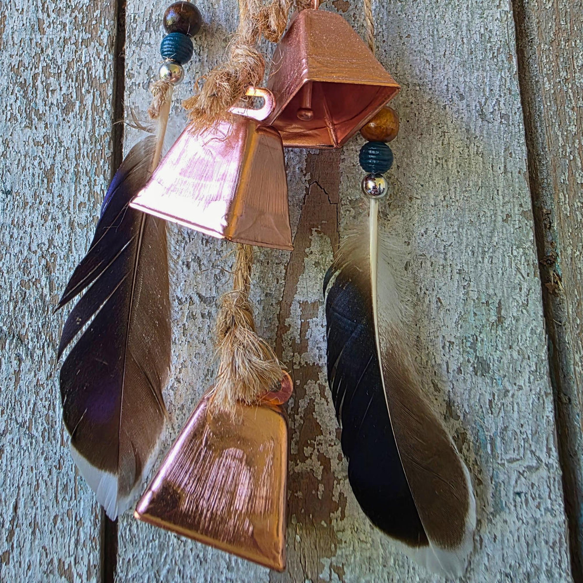 Handmade Witch Bell Charm, Grapevine Wreath, Copper, Feathers, Cottagecore Decor