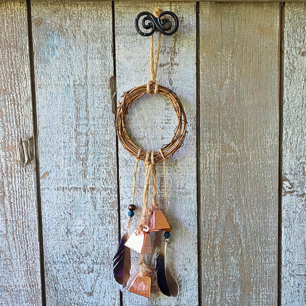 Handmade Witch Bell Charm, Grapevine Wreath, Copper, Feathers, Cottagecore Decor