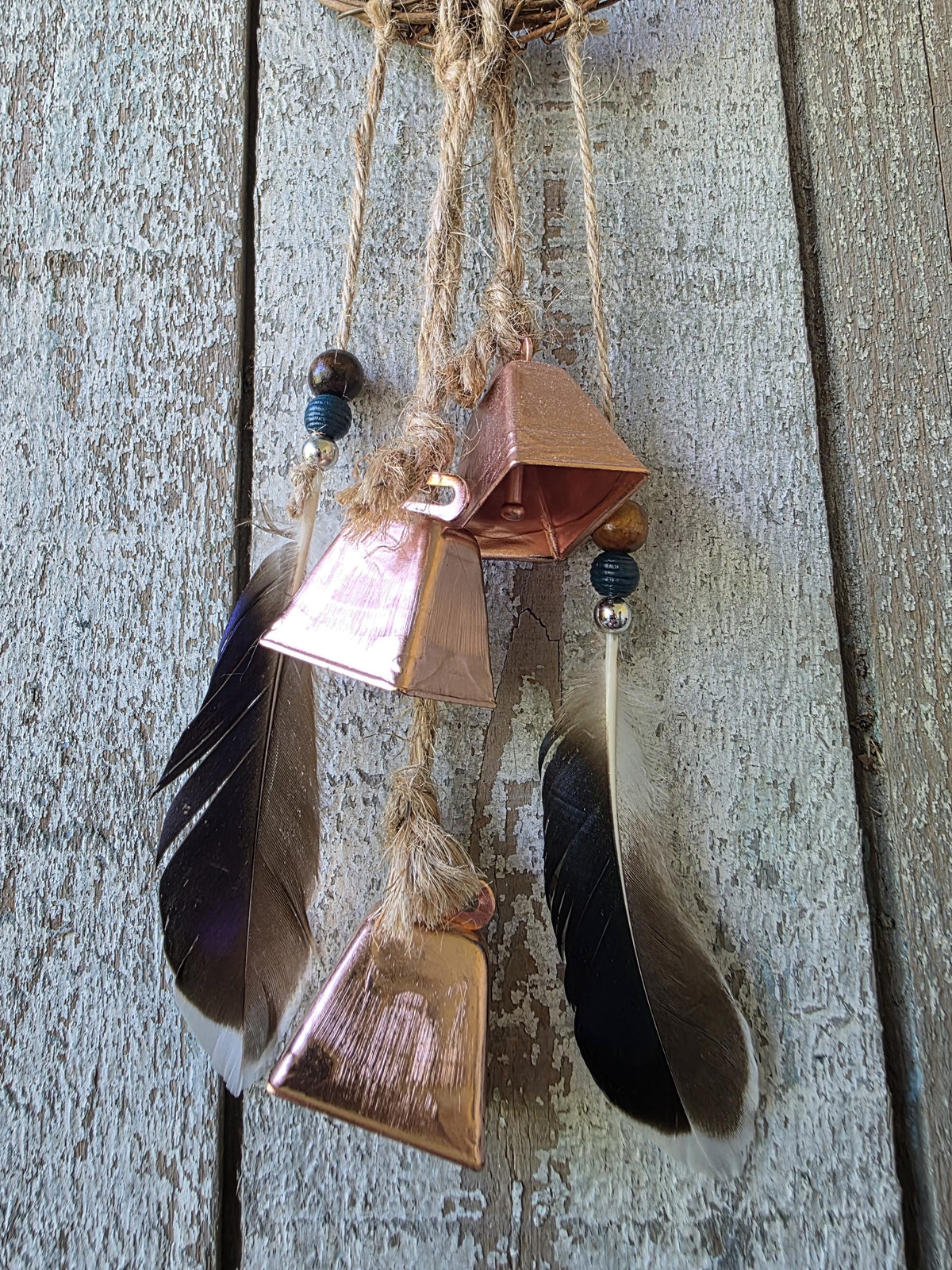 Handmade Witch Bell Charm, Grapevine Wreath, Copper, Feathers, Cottagecore Decor