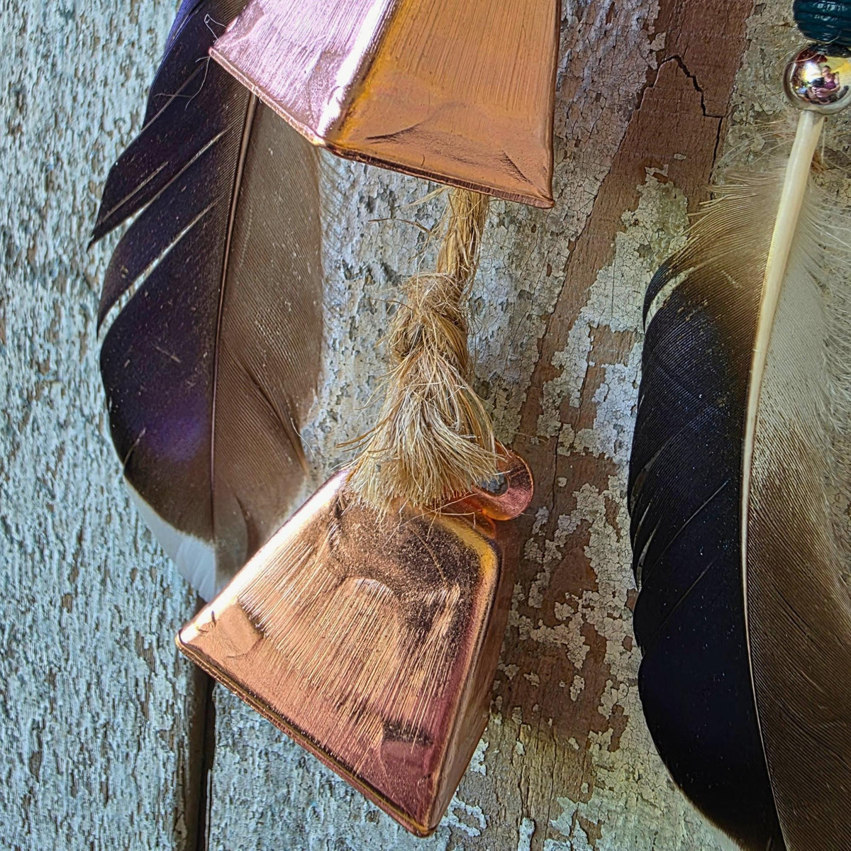 Handmade Witch Bell Charm, Grapevine Wreath, Copper, Feathers, Cottagecore Decor