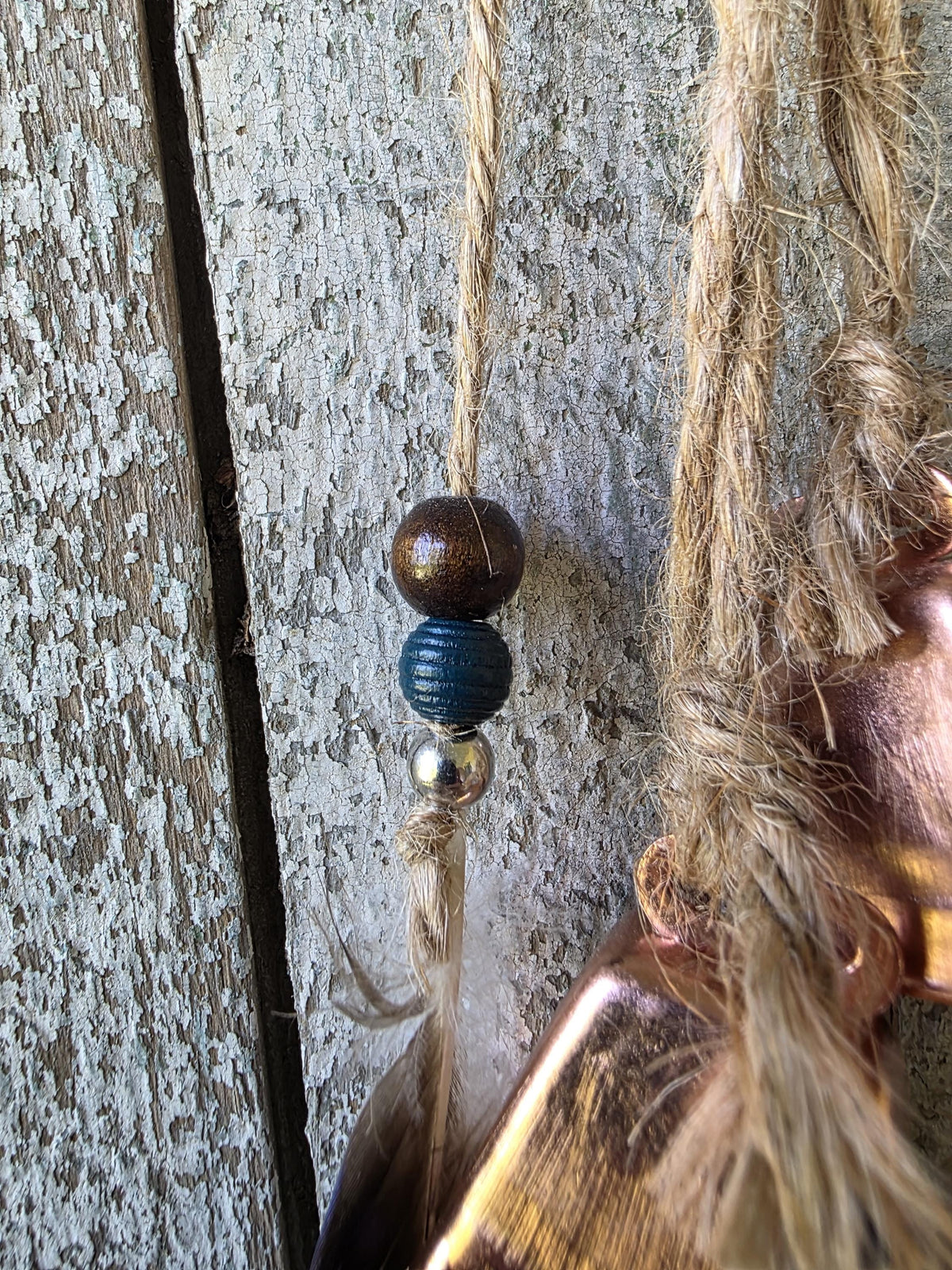 Handmade Witch Bell Charm, Grapevine Wreath, Copper, Feathers, Cottagecore Decor